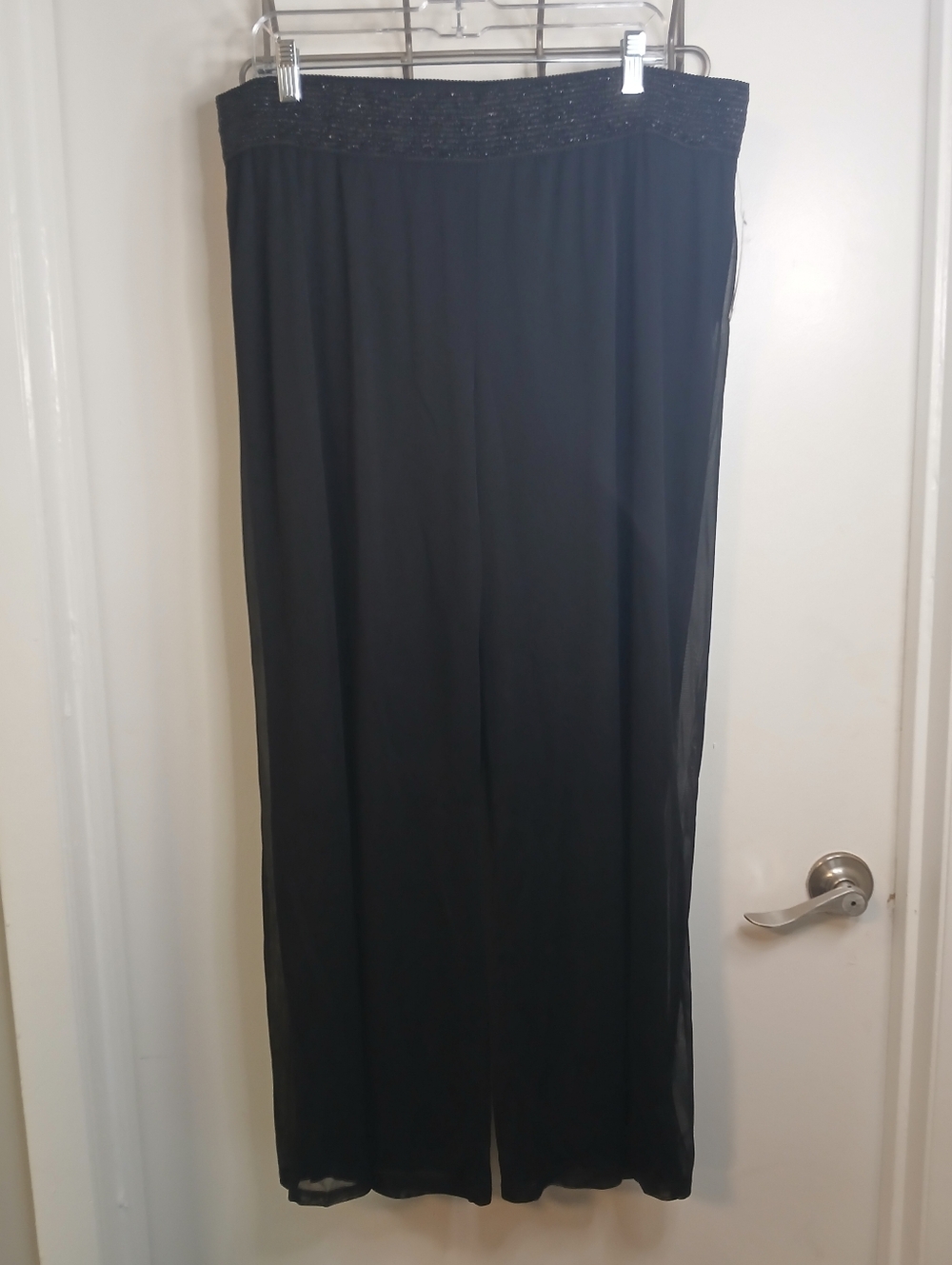 Black Wide Leg Mesh Overlay Metallic Elastic Waist Pull On Flowy Pant 1X New!